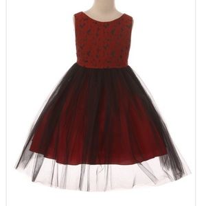 Red and red floral design jacquard bodice with tulle skirt w/ sash made bow.